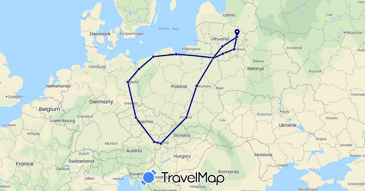 TravelMap itinerary: driving in Austria, Czech Republic, Germany, Lithuania, Poland, Slovakia (Europe)